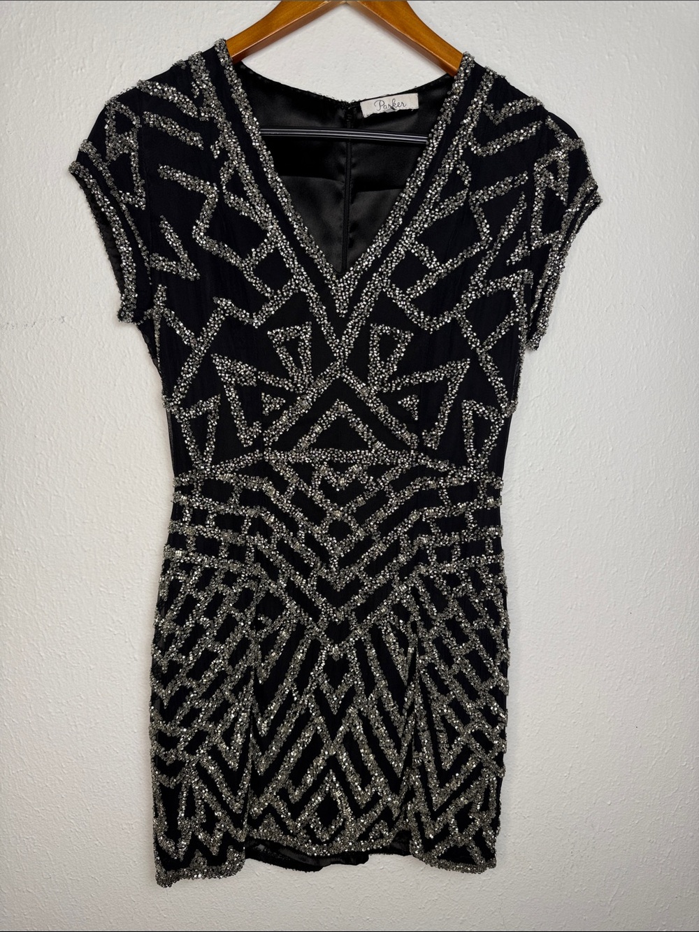 Parker Black Mini Dress with Silver Beading XS